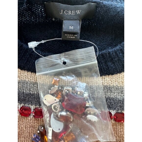 J CREW Womens Sz M 100% Wool Jeweled Navy/Multi Fair Isle Stripe Sweater Preppy - Picture 7 of 9